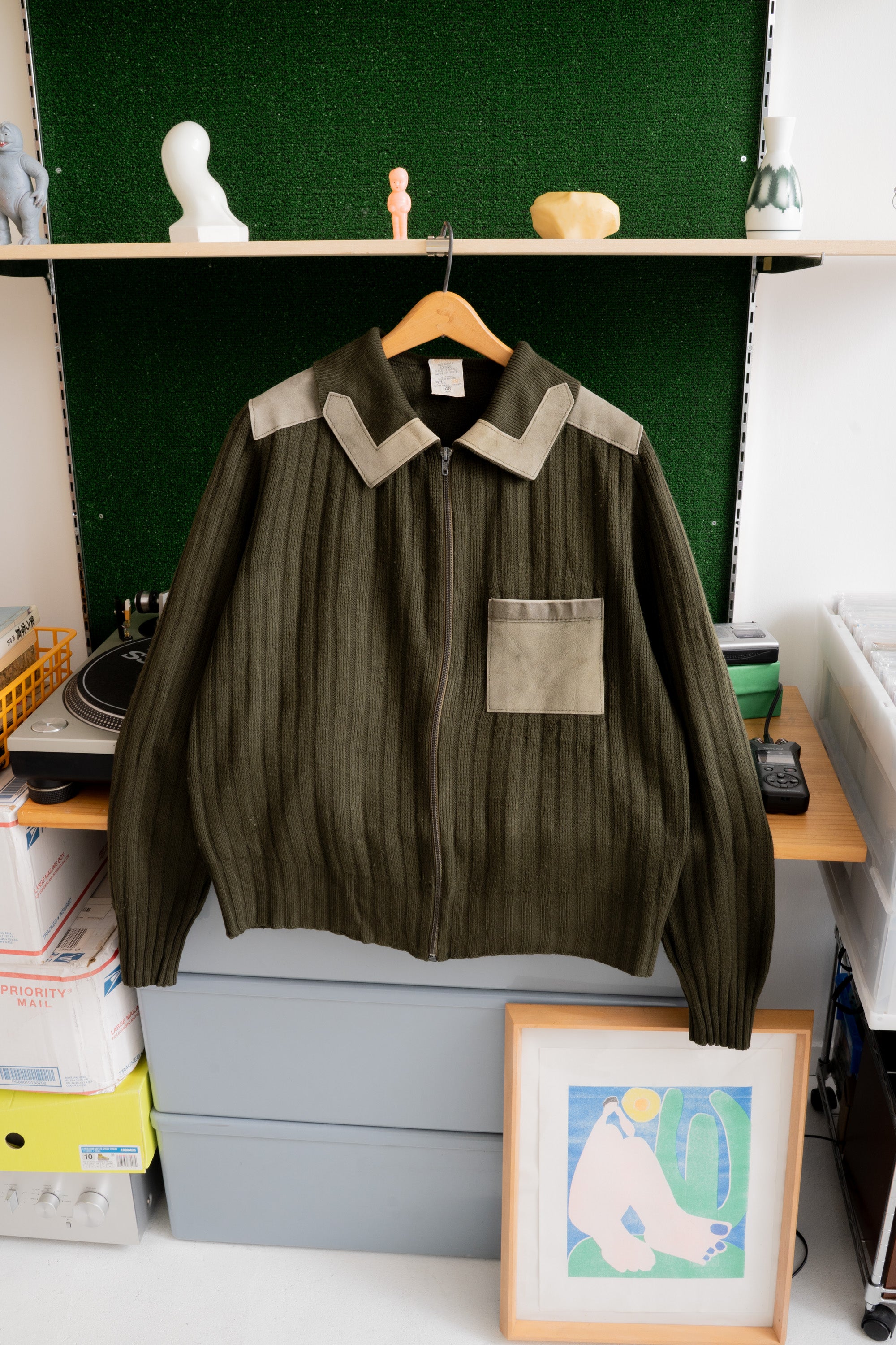 80S MADE IN U.K. ST.MICHAEL LEATHER PATCHED FULL-ZIP SWEATER
