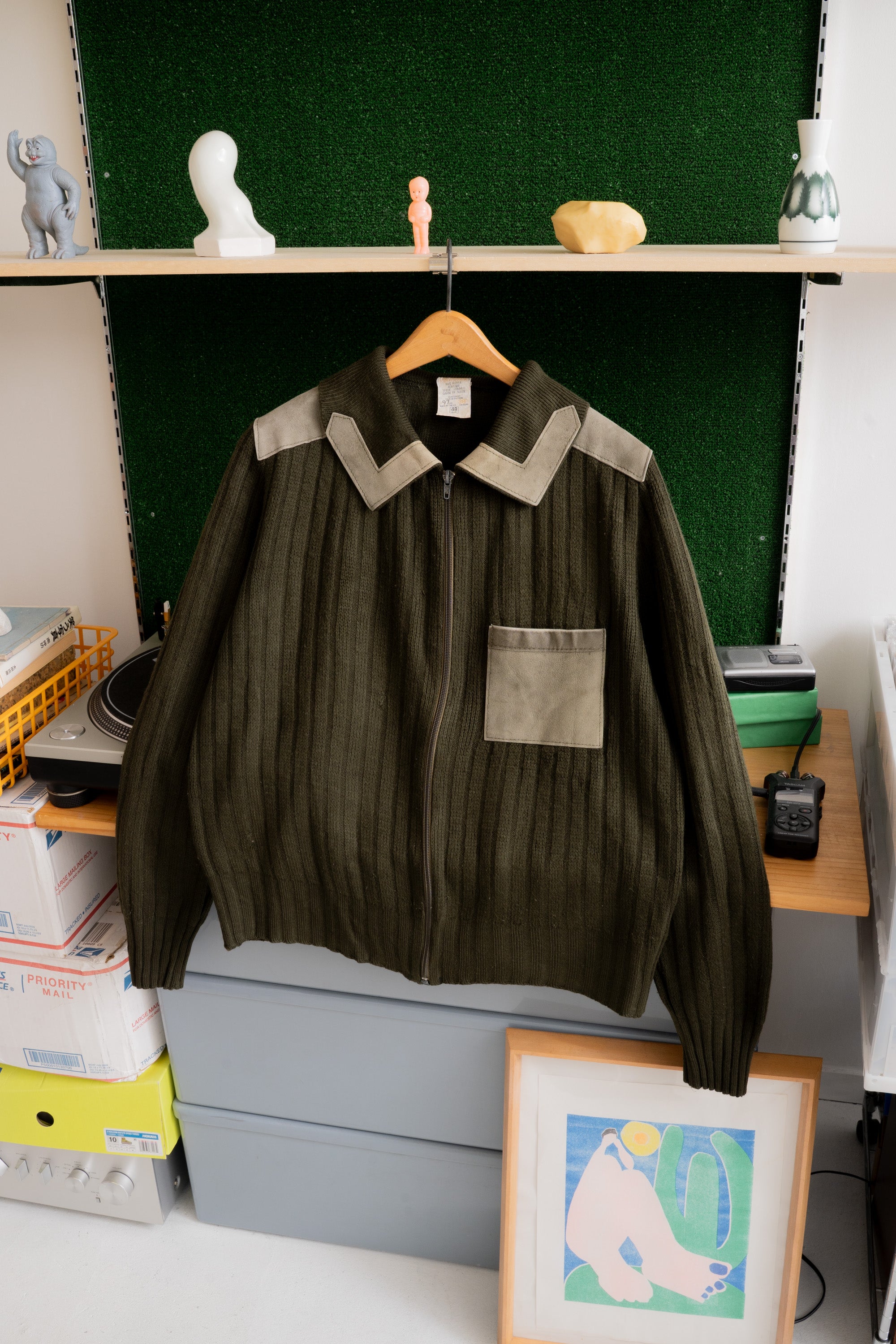 80S MADE IN U.K. ST.MICHAEL LEATHER PATCHED FULL-ZIP SWEATER