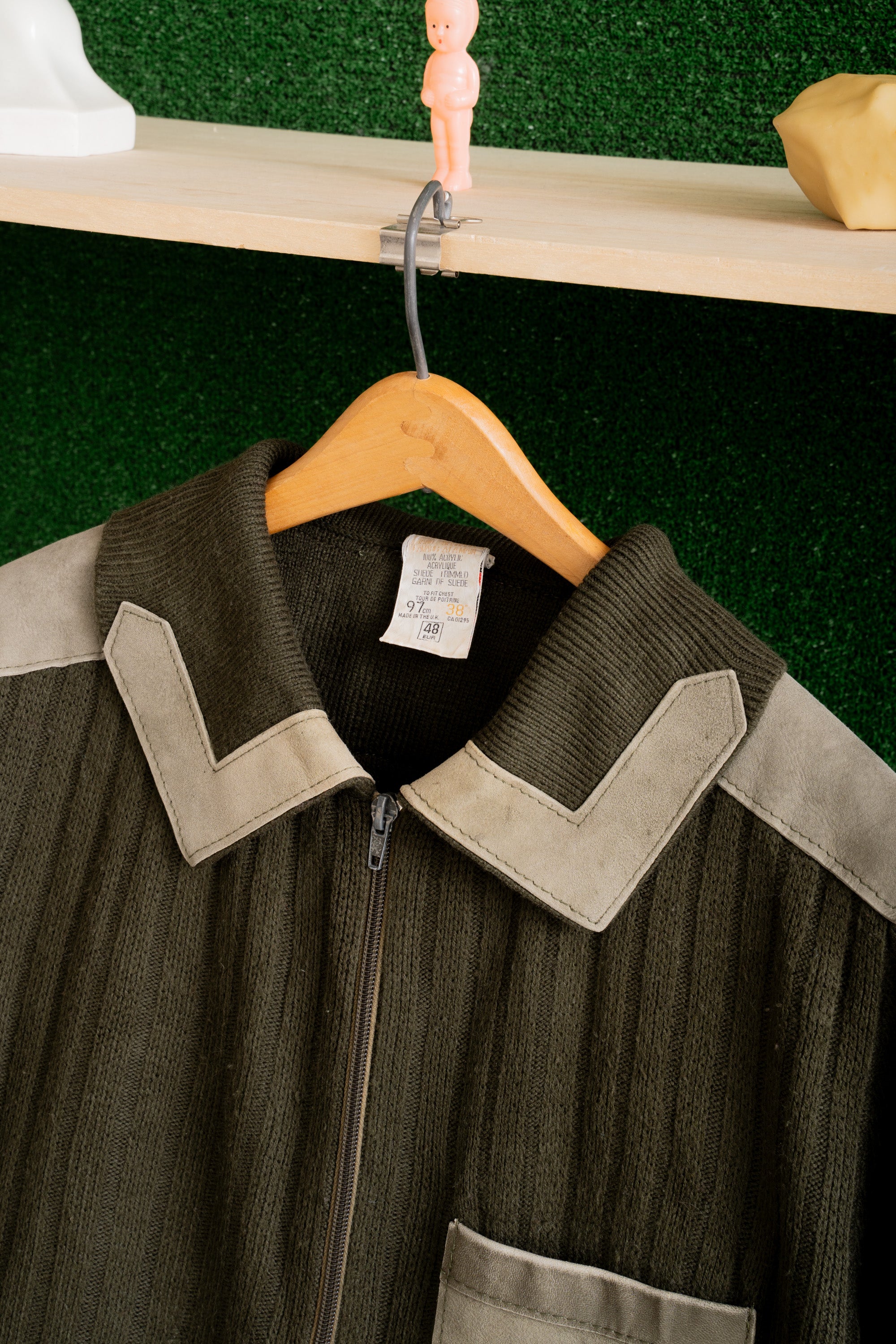 80S MADE IN U.K. ST.MICHAEL LEATHER PATCHED FULL-ZIP SWEATER